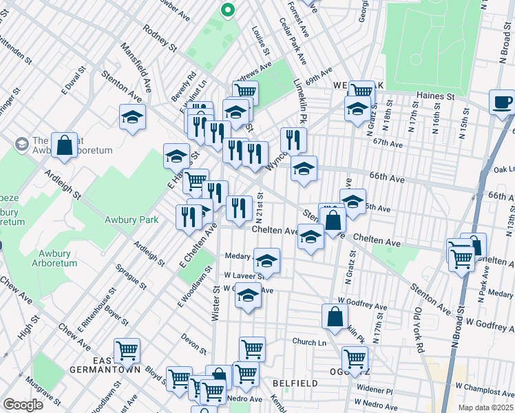 map of restaurants, bars, coffee shops, grocery stores, and more near 2120 West 65th Avenue in Philadelphia