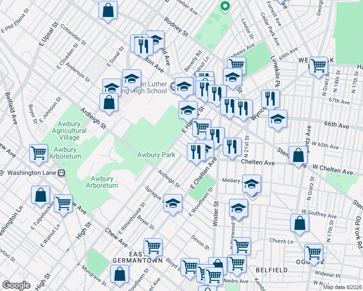 map of restaurants, bars, coffee shops, grocery stores, and more near 5837 Stockton Road in Philadelphia