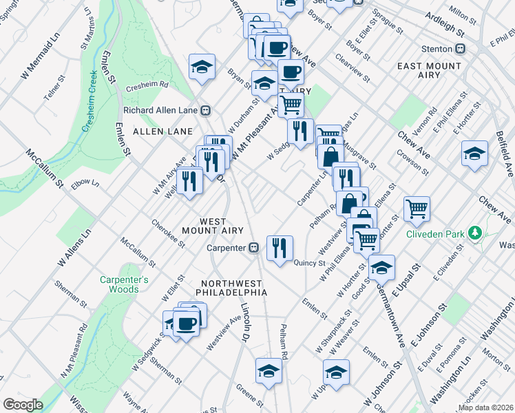map of restaurants, bars, coffee shops, grocery stores, and more near 6954 Weatham Street in Philadelphia