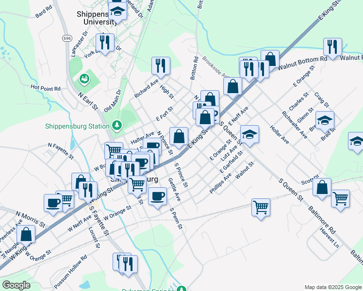 map of restaurants, bars, coffee shops, grocery stores, and more near 239 East King Street in Shippensburg