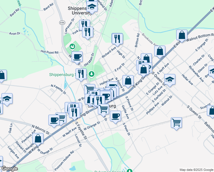 map of restaurants, bars, coffee shops, grocery stores, and more near 108 North Penn Street in Shippensburg