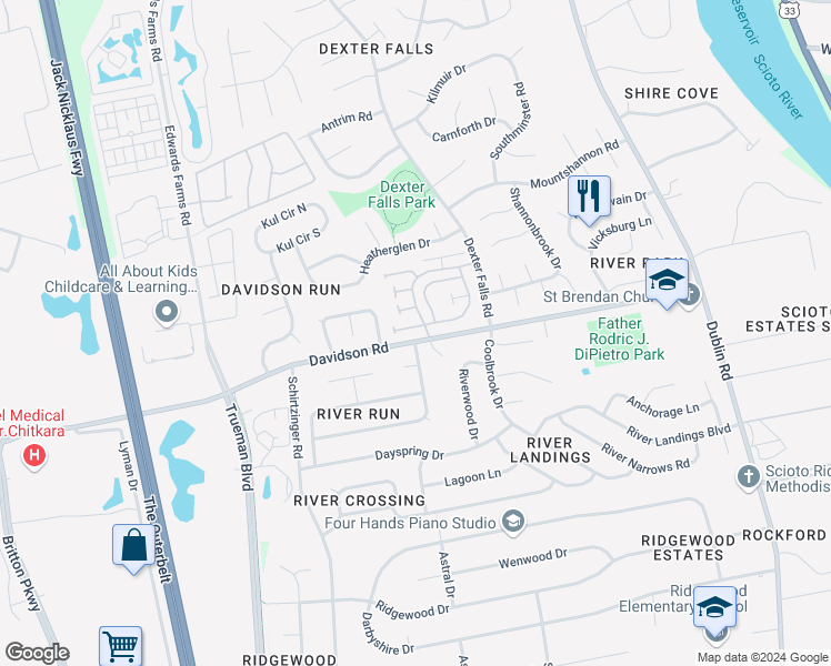 map of restaurants, bars, coffee shops, grocery stores, and more near 4805 Farber Row in Columbus