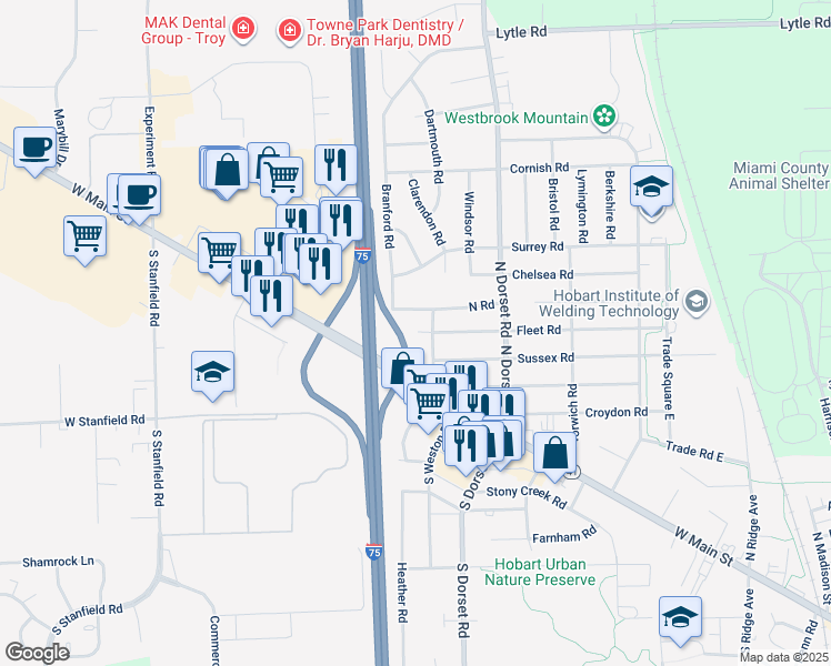 map of restaurants, bars, coffee shops, grocery stores, and more near 400 North Weston Road in Troy