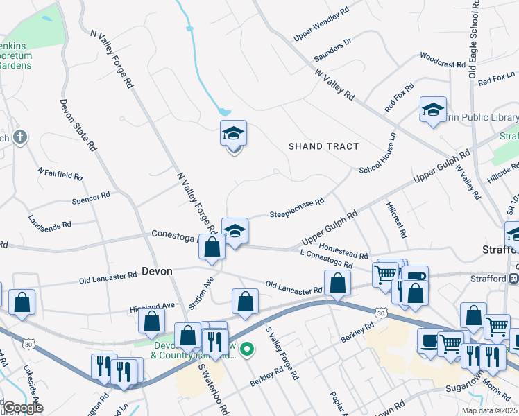 map of restaurants, bars, coffee shops, grocery stores, and more near 61 Steeplechase Road in Devon