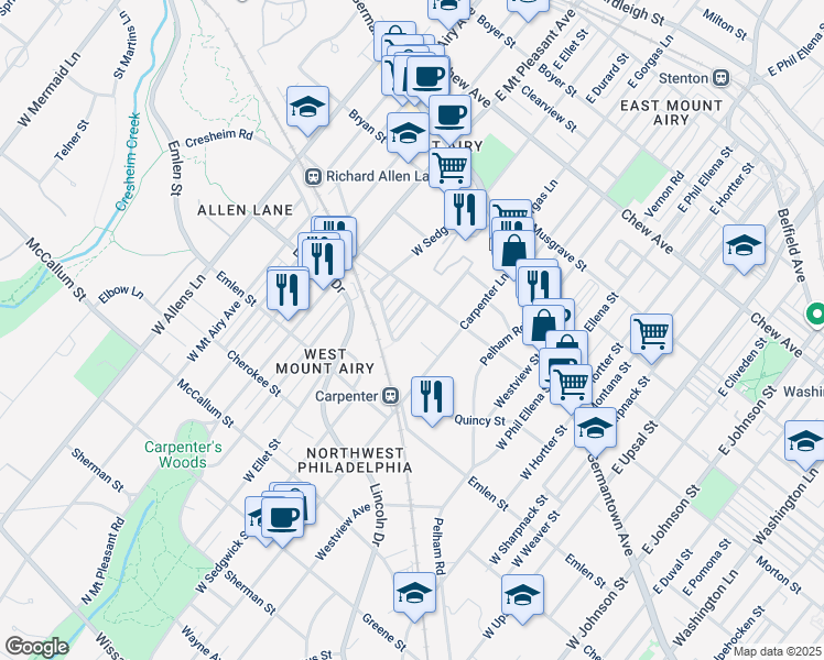 map of restaurants, bars, coffee shops, grocery stores, and more near 234 West Gorgas Lane in Philadelphia