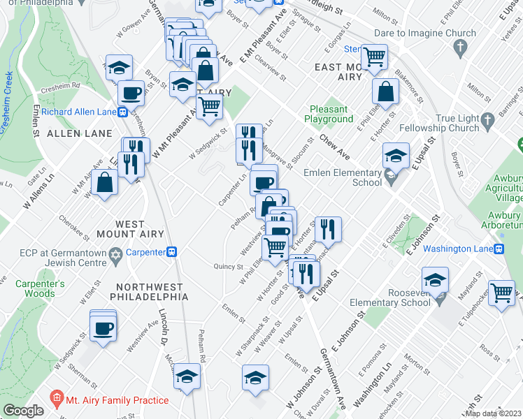 map of restaurants, bars, coffee shops, grocery stores, and more near 4 Pelham Road in Philadelphia