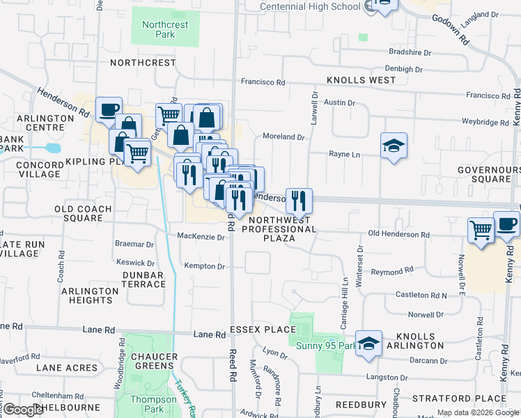 map of restaurants, bars, coffee shops, grocery stores, and more near 1695 Old Henderson Road in Columbus