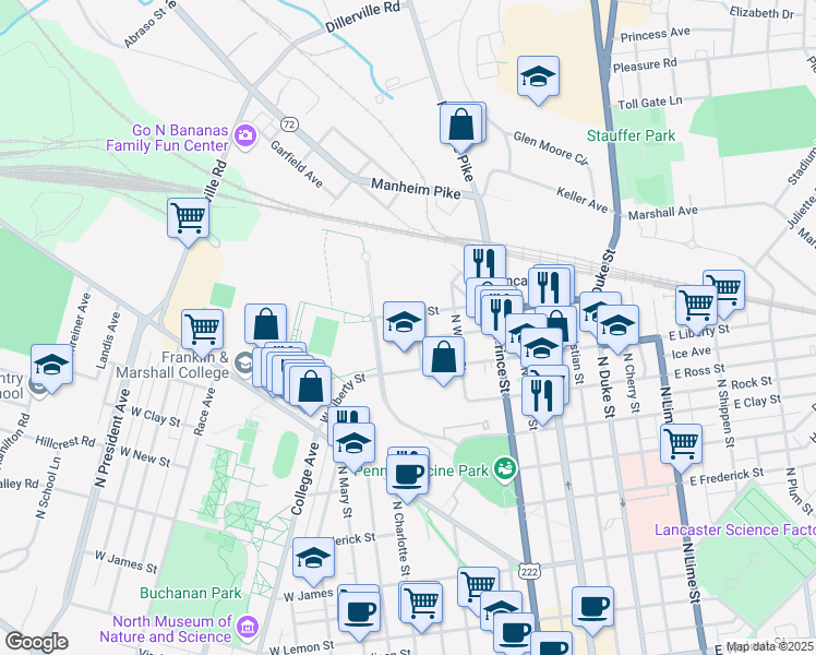 map of restaurants, bars, coffee shops, grocery stores, and more near 1060 North Charlotte Street in Lancaster