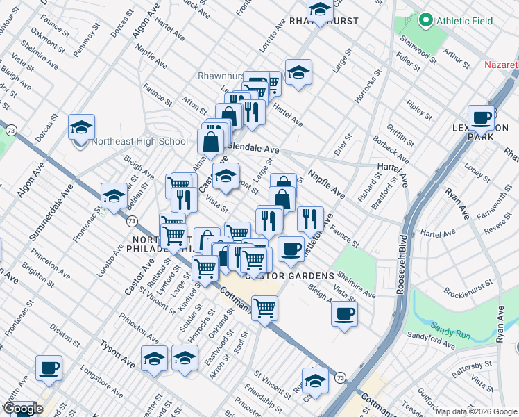 map of restaurants, bars, coffee shops, grocery stores, and more near 2121 Shelmire Avenue in Philadelphia