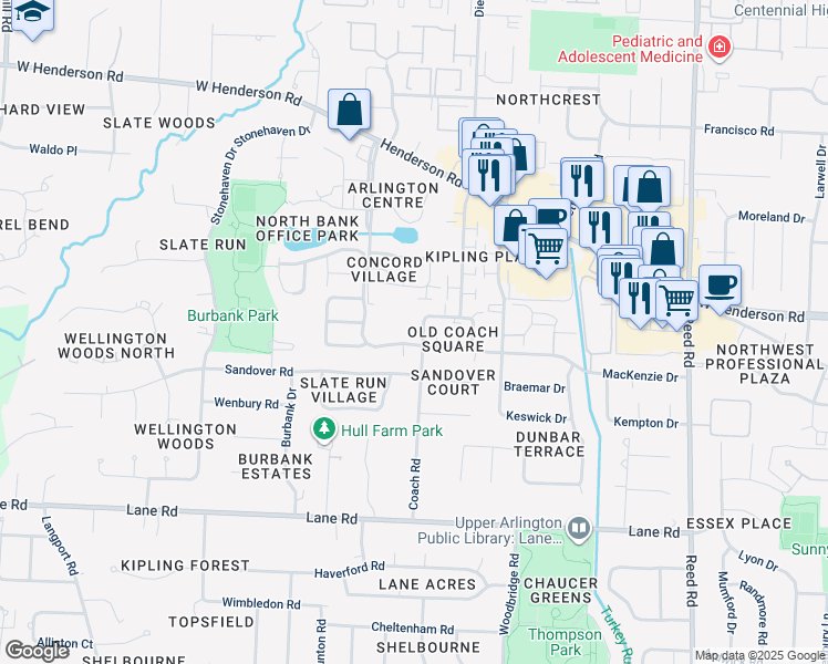 map of restaurants, bars, coffee shops, grocery stores, and more near 4751 Coach Road in Columbus