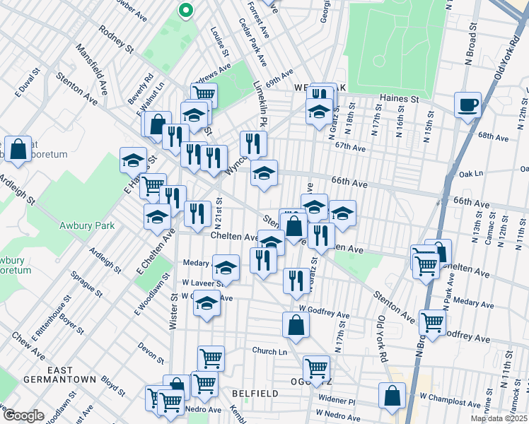 map of restaurants, bars, coffee shops, grocery stores, and more near 2020 West 65th Avenue in Philadelphia