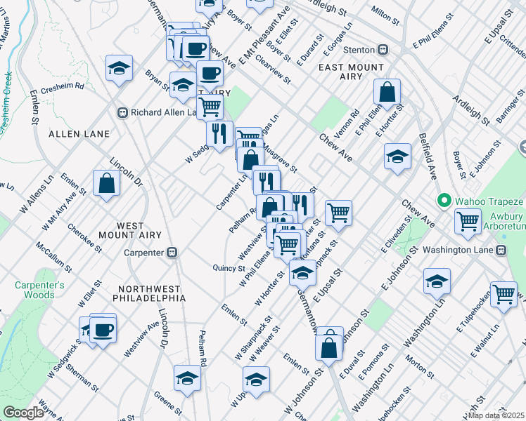 map of restaurants, bars, coffee shops, grocery stores, and more near 4 Pelham Road in Philadelphia