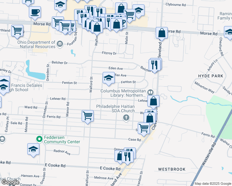 map of restaurants, bars, coffee shops, grocery stores, and more near 4133 Keffer Road in Columbus