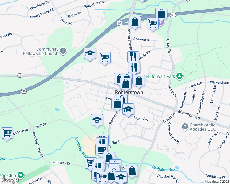 map of restaurants, bars, coffee shops, grocery stores, and more near 2224 Marietta Avenue in Lancaster