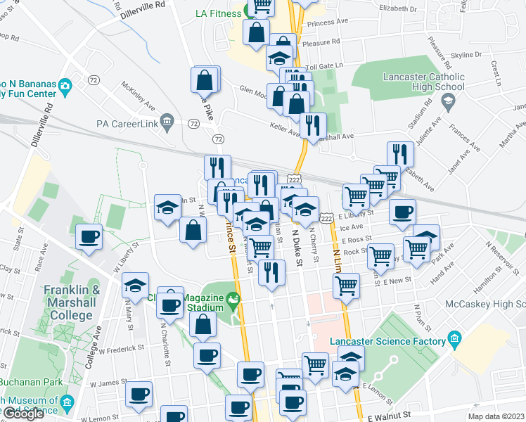 map of restaurants, bars, coffee shops, grocery stores, and more near 929 North Queen Street in Lancaster