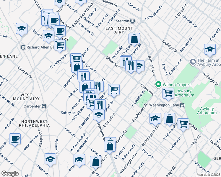 map of restaurants, bars, coffee shops, grocery stores, and more near 128 East Hortter Street in Philadelphia
