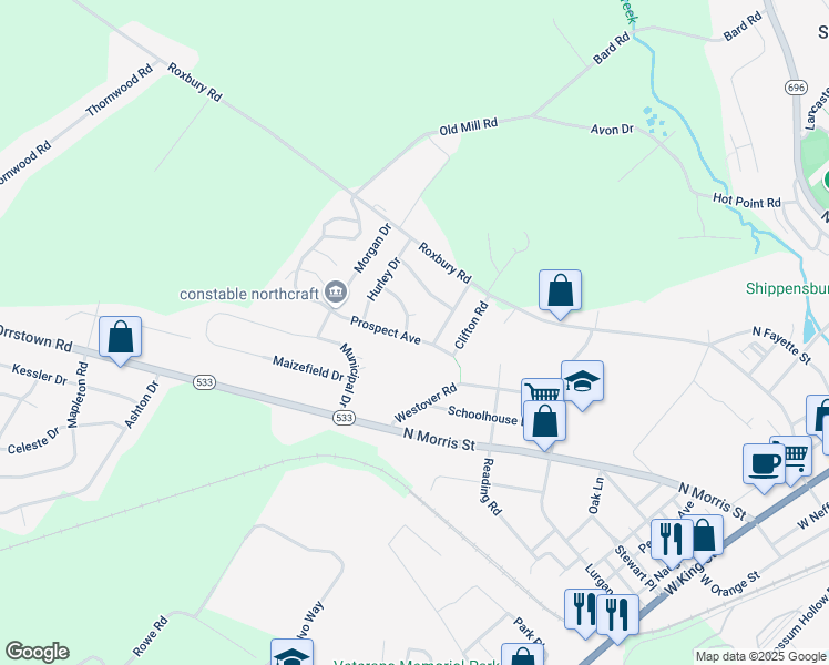 map of restaurants, bars, coffee shops, grocery stores, and more near 645 Prospect Avenue in Shippensburg