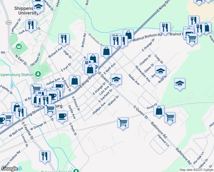 map of restaurants, bars, coffee shops, grocery stores, and more near 108 South Queen Street in Shippensburg