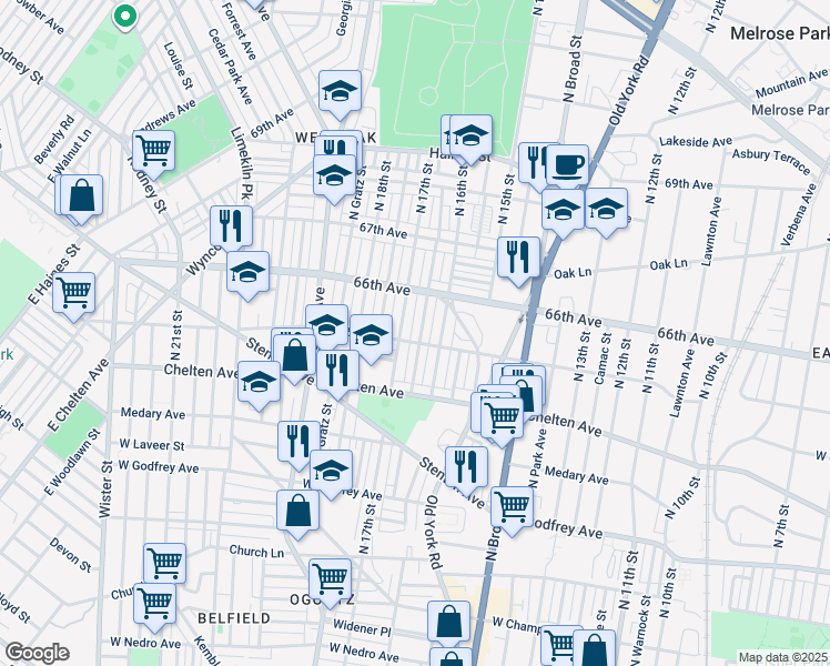 map of restaurants, bars, coffee shops, grocery stores, and more near 6508 North Smedley Street in Philadelphia