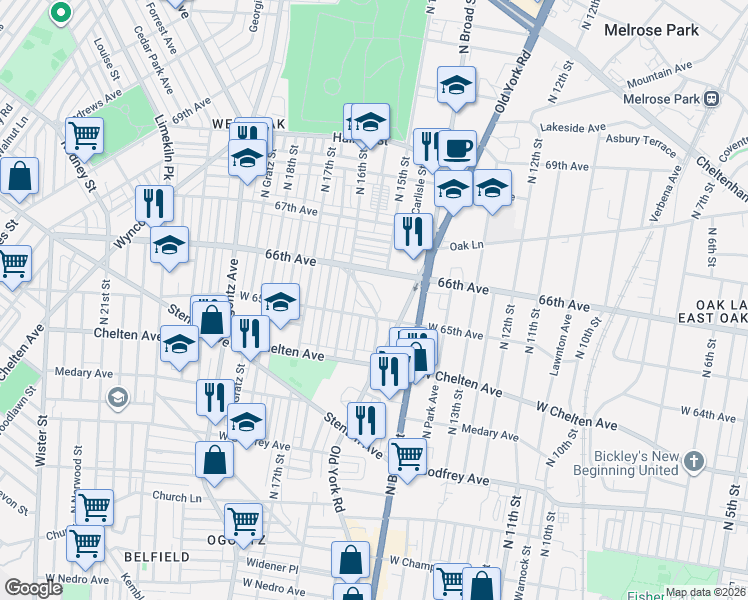 map of restaurants, bars, coffee shops, grocery stores, and more near 6519 Cutler Street in Philadelphia