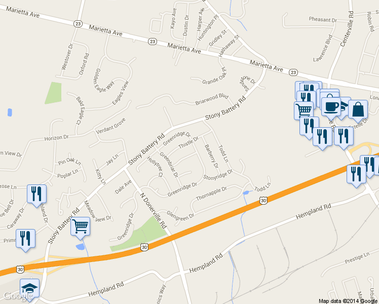 map of restaurants, bars, coffee shops, grocery stores, and more near 3183 Greentree Dr in Lancaster