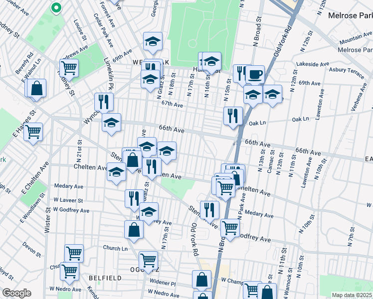 map of restaurants, bars, coffee shops, grocery stores, and more near 6508 North Smedley Street in Philadelphia