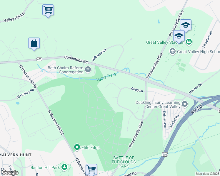 map of restaurants, bars, coffee shops, grocery stores, and more near 17 Clover Mill Lane in Malvern