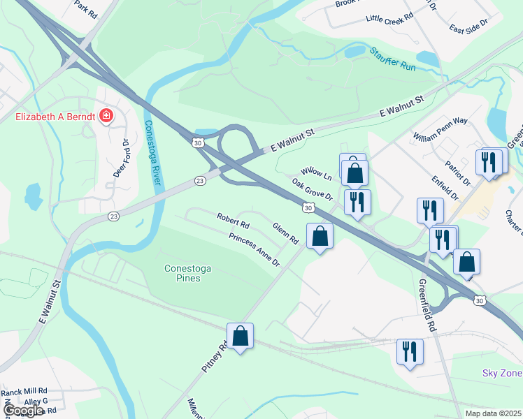 map of restaurants, bars, coffee shops, grocery stores, and more near 1625 Glenn Road in Lancaster