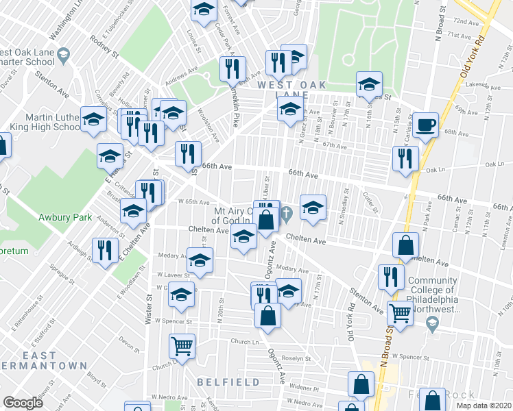 map of restaurants, bars, coffee shops, grocery stores, and more near 6441 North 20th Street in Philadelphia