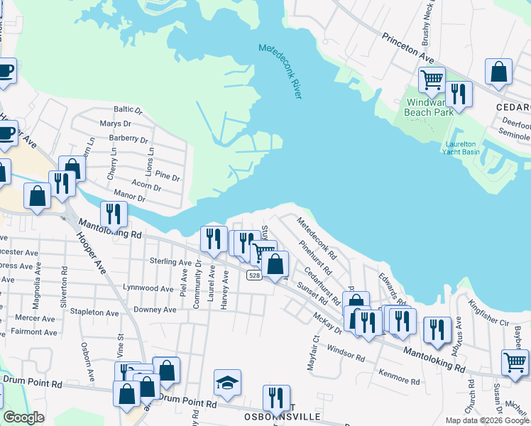 map of restaurants, bars, coffee shops, grocery stores, and more near 7 Pinehurst Road in Brick Township