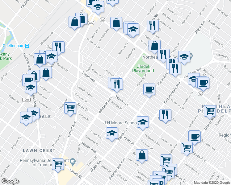 map of restaurants, bars, coffee shops, grocery stores, and more near 901 Tyson Avenue in Philadelphia