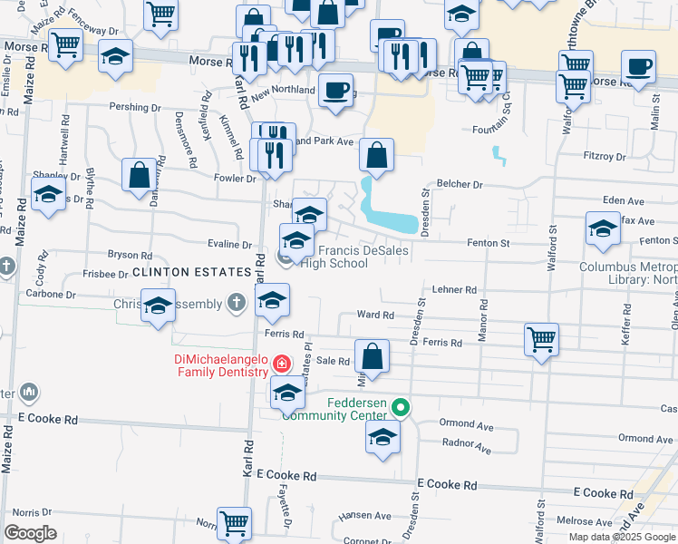 map of restaurants, bars, coffee shops, grocery stores, and more near 4212 Karl Road in Columbus