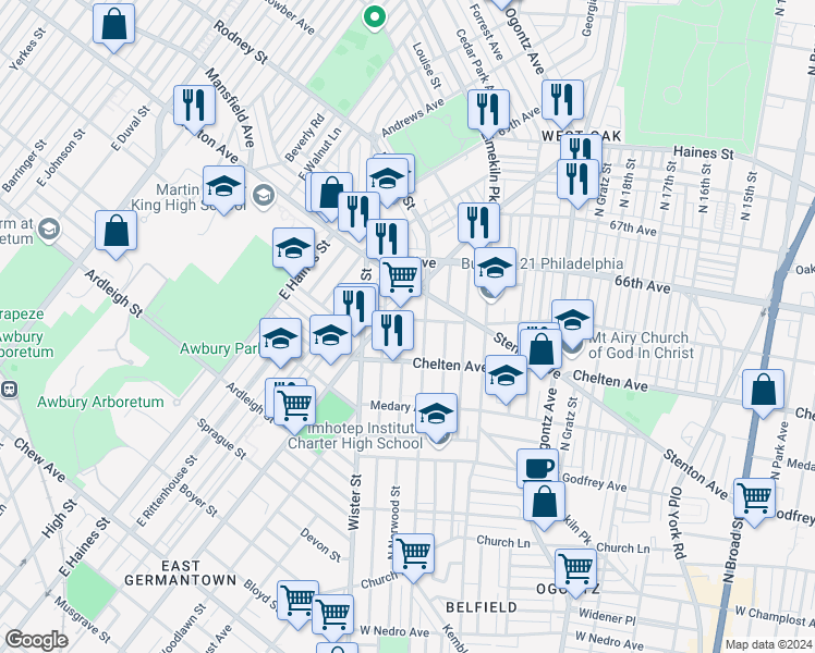 map of restaurants, bars, coffee shops, grocery stores, and more near 2120 West 65th Avenue in Philadelphia