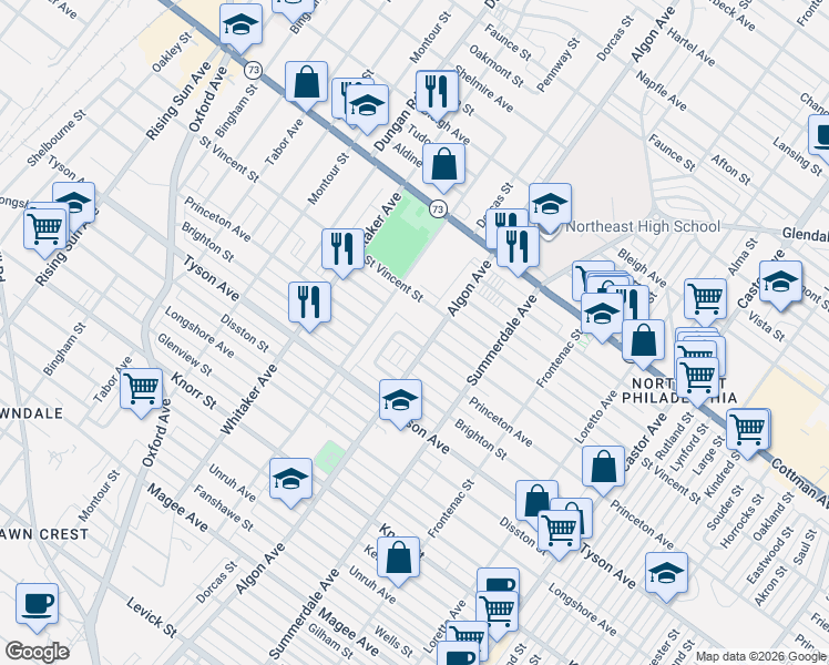 map of restaurants, bars, coffee shops, grocery stores, and more near 1021 Friendship Street in Philadelphia