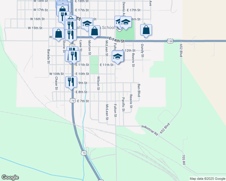 map of restaurants, bars, coffee shops, grocery stores, and more near 600-698 East 8th Street in Falls City