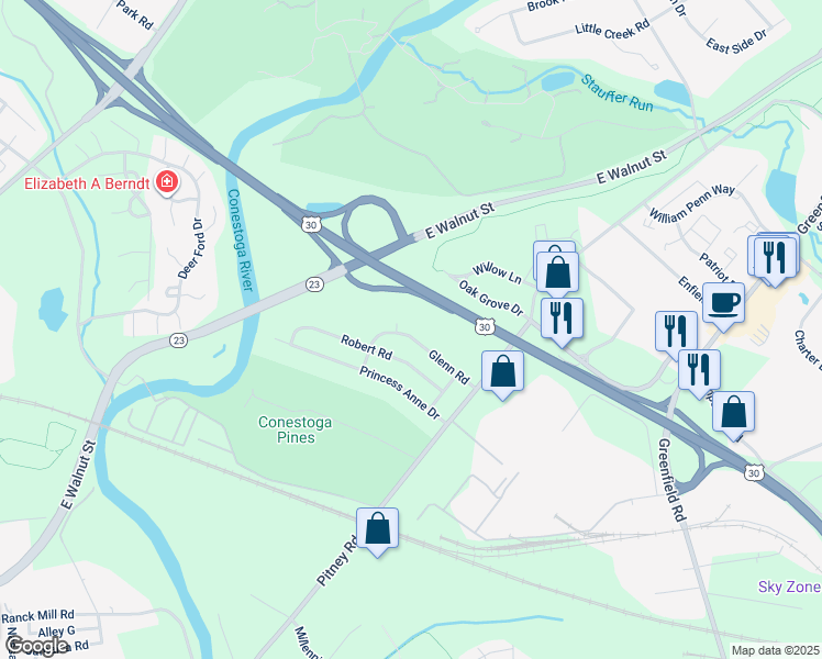 map of restaurants, bars, coffee shops, grocery stores, and more near 1625 Glenn Road in Lancaster