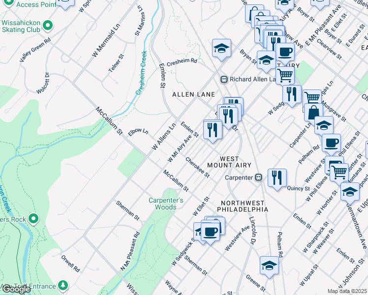 map of restaurants, bars, coffee shops, grocery stores, and more near 438 West Mount Airy Avenue in Philadelphia