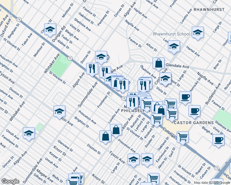 map of restaurants, bars, coffee shops, grocery stores, and more near Shisler St & Cottman Ave in Philadelphia