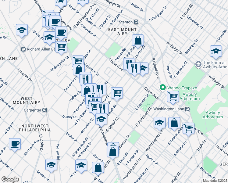 map of restaurants, bars, coffee shops, grocery stores, and more near 132 E Hortter St in Philadelphia