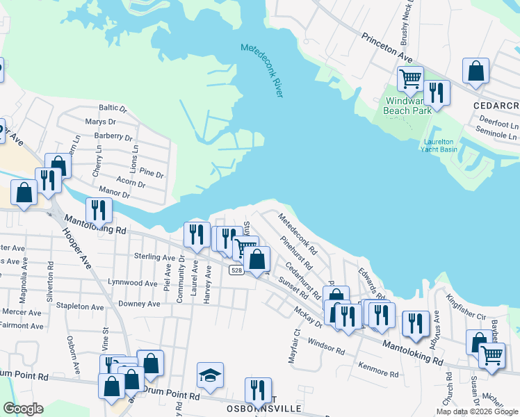 map of restaurants, bars, coffee shops, grocery stores, and more near 17 Metedeconk Road in Brick Township