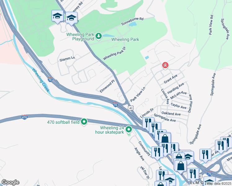 map of restaurants, bars, coffee shops, grocery stores, and more near 3 Belle Fern Pl in Wheeling