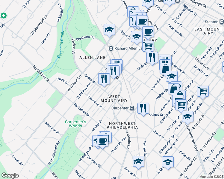 map of restaurants, bars, coffee shops, grocery stores, and more near 335 Glen Echo Road in Philadelphia