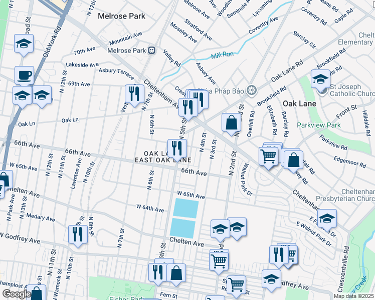 map of restaurants, bars, coffee shops, grocery stores, and more near 6650 North Lawrence Street in Philadelphia