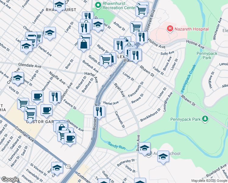 map of restaurants, bars, coffee shops, grocery stores, and more near 7738 Fairfield Street in Philadelphia