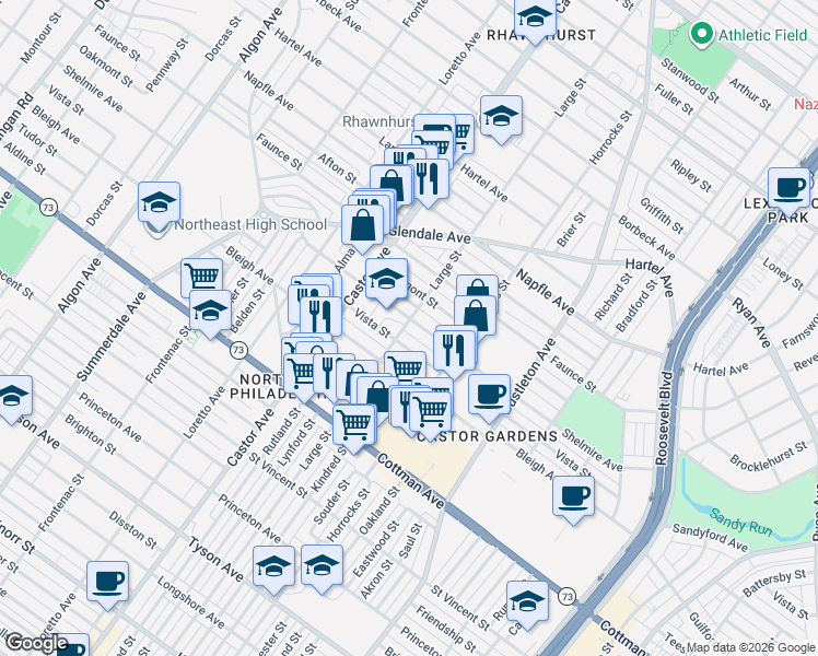 map of restaurants, bars, coffee shops, grocery stores, and more near 2100 Shelmire Avenue in Philadelphia