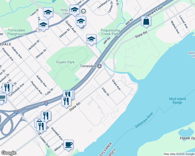 map of restaurants, bars, coffee shops, grocery stores, and more near 9607 James Street in Philadelphia