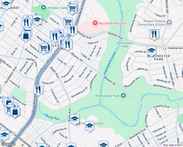 map of restaurants, bars, coffee shops, grocery stores, and more near 7925 Lister Street in Philadelphia