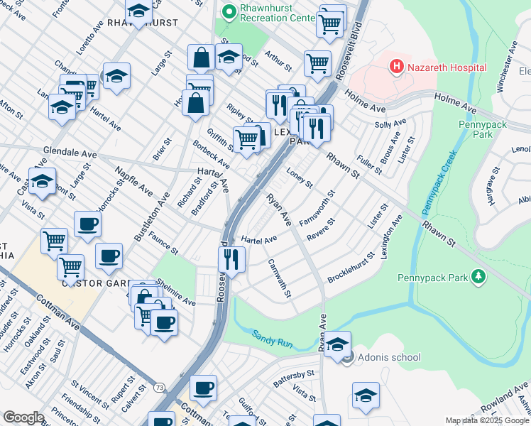 map of restaurants, bars, coffee shops, grocery stores, and more near 7738 Fairfield Street in Philadelphia