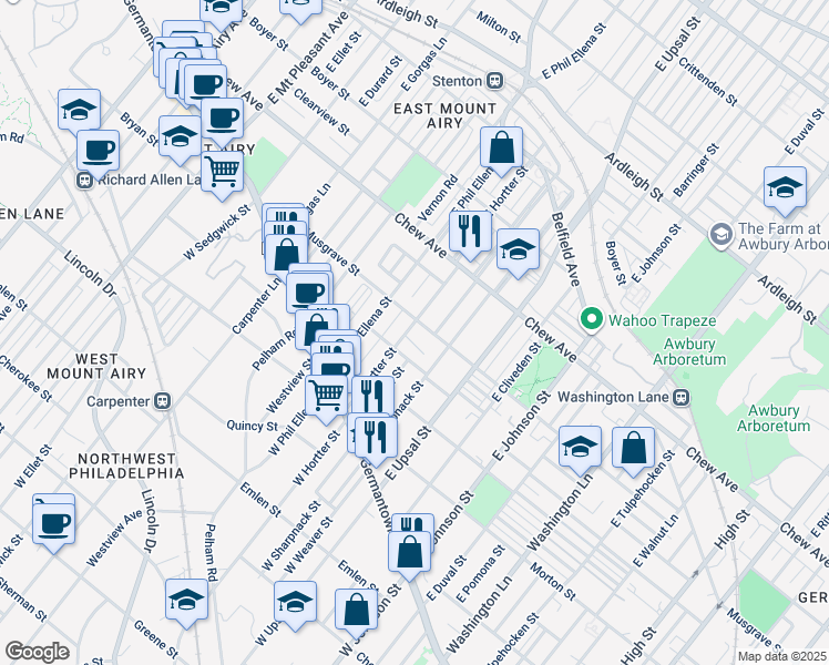 map of restaurants, bars, coffee shops, grocery stores, and more near 132 E Hortter St in Philadelphia