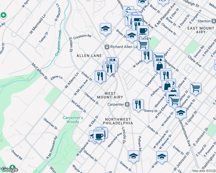 map of restaurants, bars, coffee shops, grocery stores, and more near 335 Glen Echo Road in Philadelphia